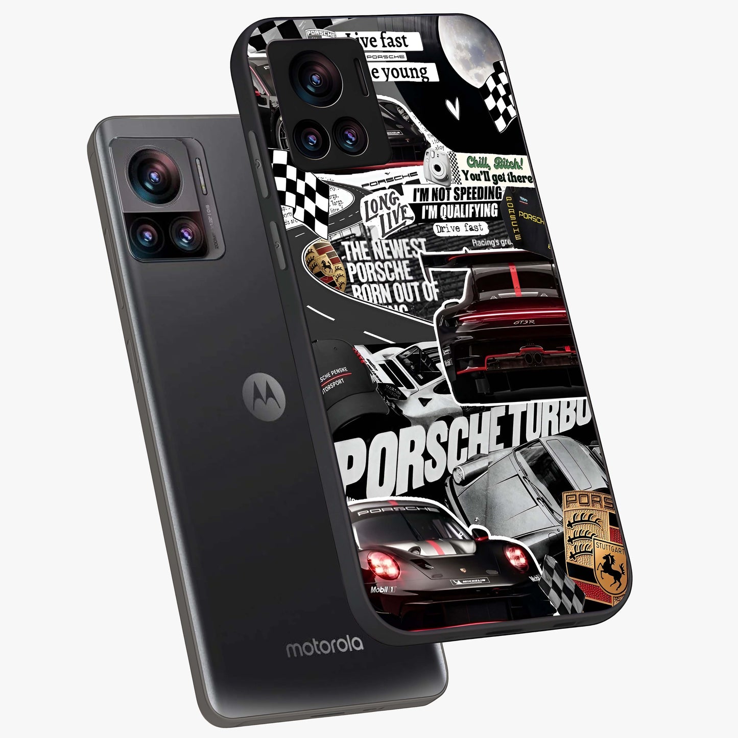 Porsche Racing Collage Glass Case displayed in angled mockup highlighting dynamic automotive design with bold racing aesthetic.