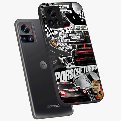 Porsche Racing Collage Glass Case displayed in angled mockup highlighting dynamic automotive design with bold racing aesthetic.