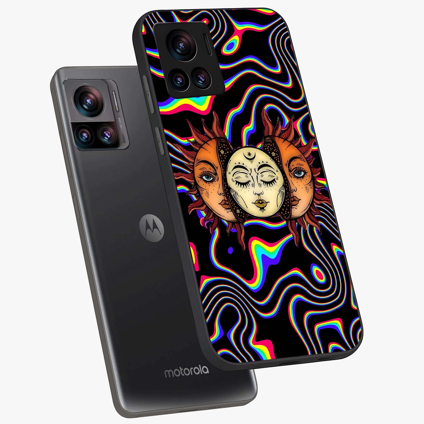 Psychedelic Sun Glass Case displayed in angled mockup highlighting vibrant abstract sun design with artistic aesthetic style.