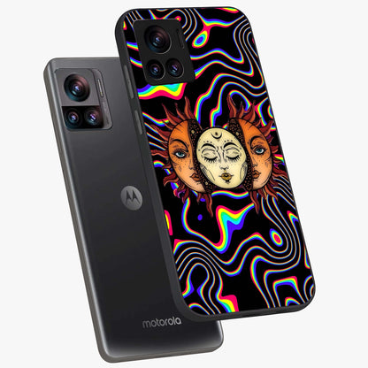 Psychedelic Sun Glass Case displayed in angled mockup highlighting vibrant abstract sun design with artistic aesthetic style.