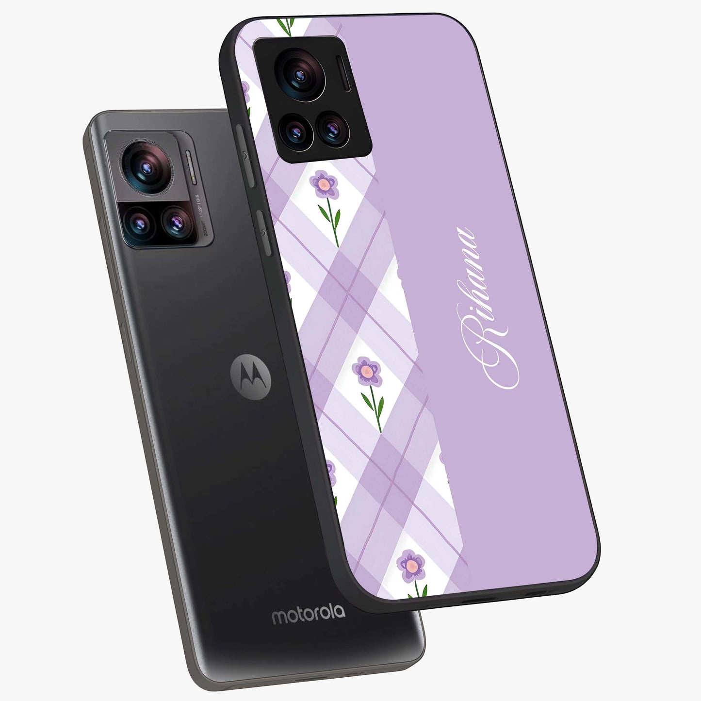 Purple Diamond Floral Glass Case displayed in angled mockup highlighting elegant purple flower design with decorative pattern.