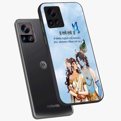 Radha Krishna Eternal Glass Case displayed in angled mockup highlighting divine Radha Krishna illustration with spiritual aesthetic.