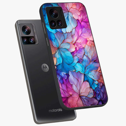 Radiant Floral Whirl Glass Case displayed in angled mockup highlighting vibrant flower pattern with dynamic artistic aesthetic.
