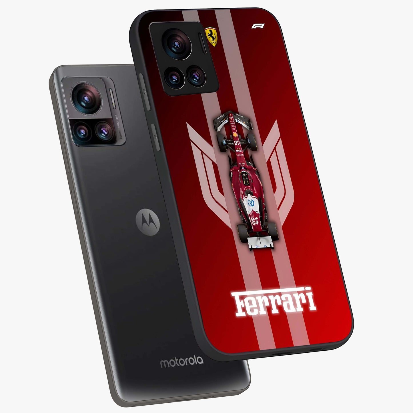 Red Ferrari F1 Vertical Glass Case displayed in angled mockup highlighting high speed racing design with bold automotive aesthetic.