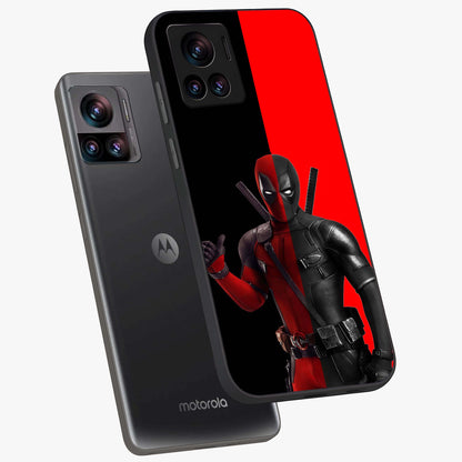 Red & Black Deadpool Theme Glass Case displayed in angled mockup highlighting vibrant superhero style illustration with action aesthetic.