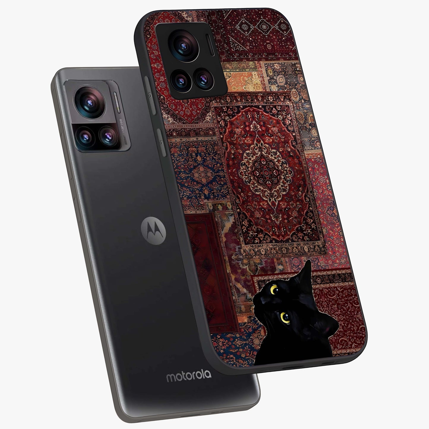 Regal Magic Cat Apple Glass Case displayed in angled mockup highlighting whimsical feline design with fantasy aesthetic.