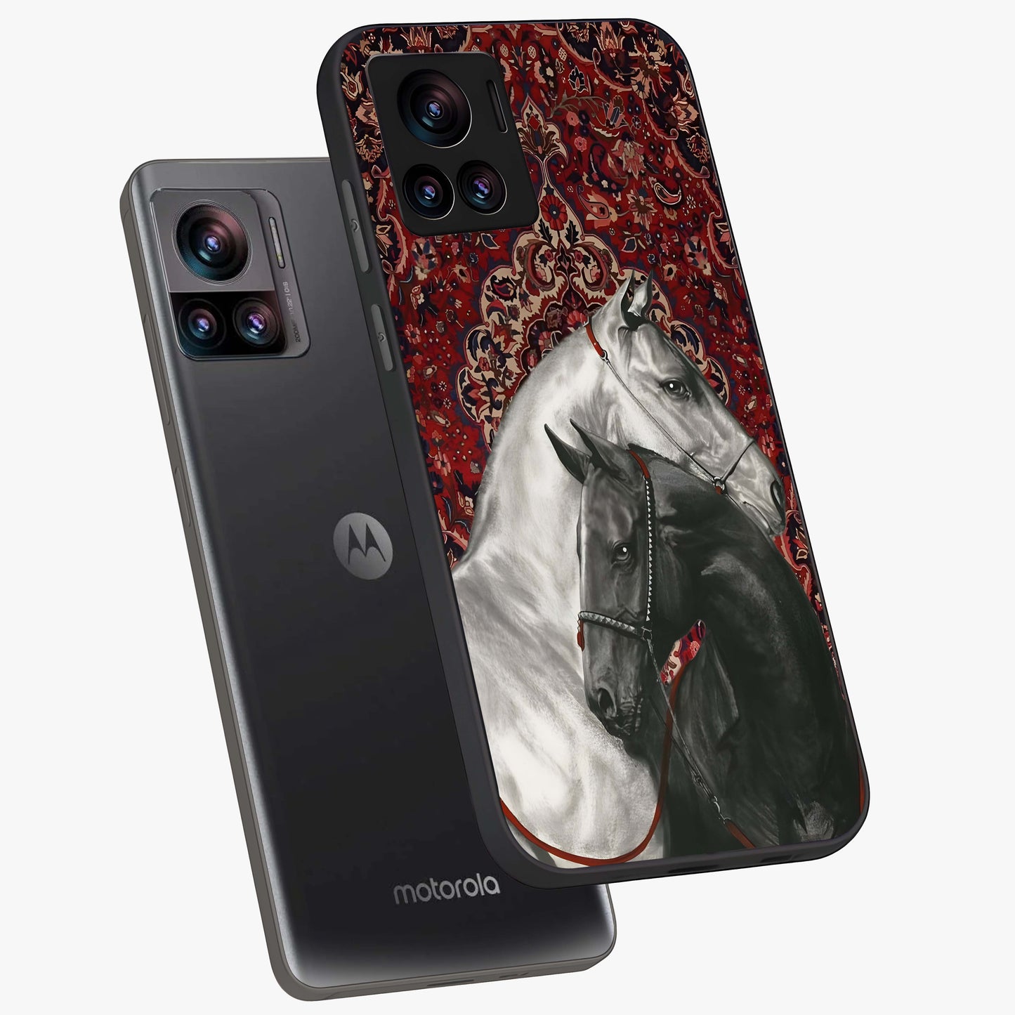 Regal Stallion Tapestry Glass Case displayed in angled mockup highlighting royal stallion design with decorative heritage aesthetic.