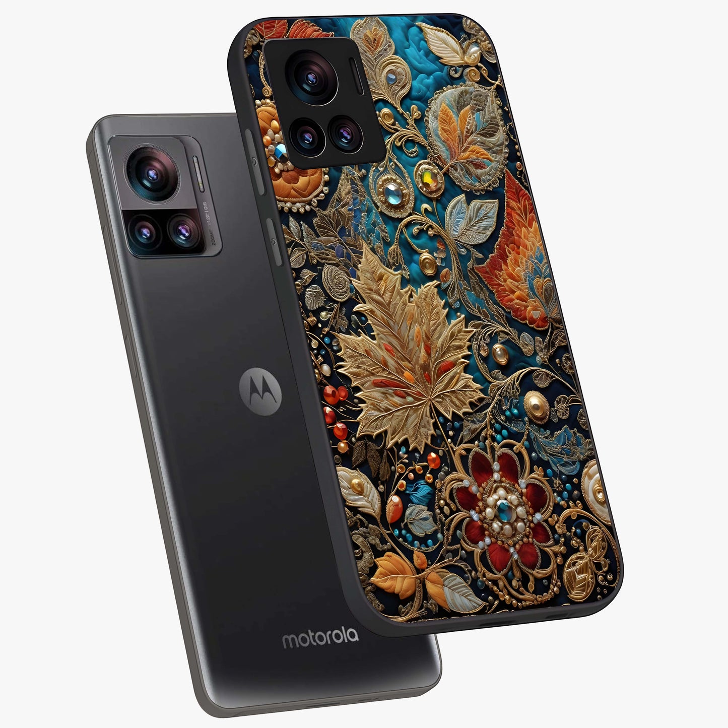Royal Jewel Garden Glass Case displayed in angled mockup highlighting vibrant jewel inspired floral design with elegant aesthetic.