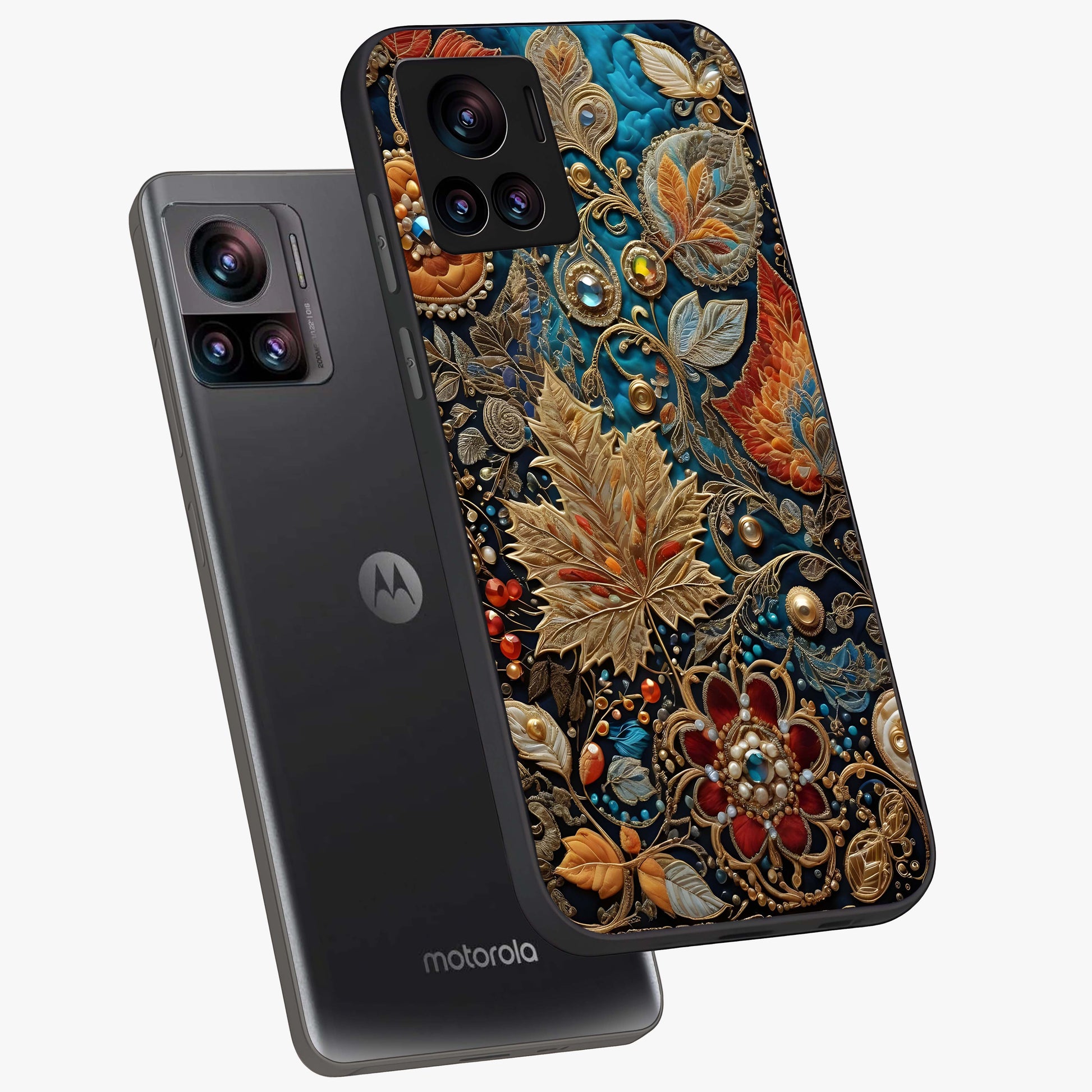 Royal Jewel Garden Glass Case displayed in angled mockup highlighting vibrant jewel inspired floral design with elegant aesthetic.