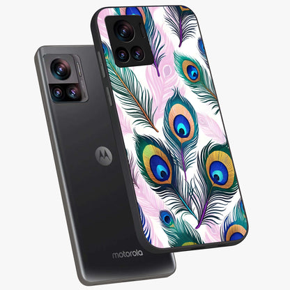 Royal Peacock Feathers Glass Case displayed in angled mockup highlighting vibrant feather pattern with regal aesthetic style.