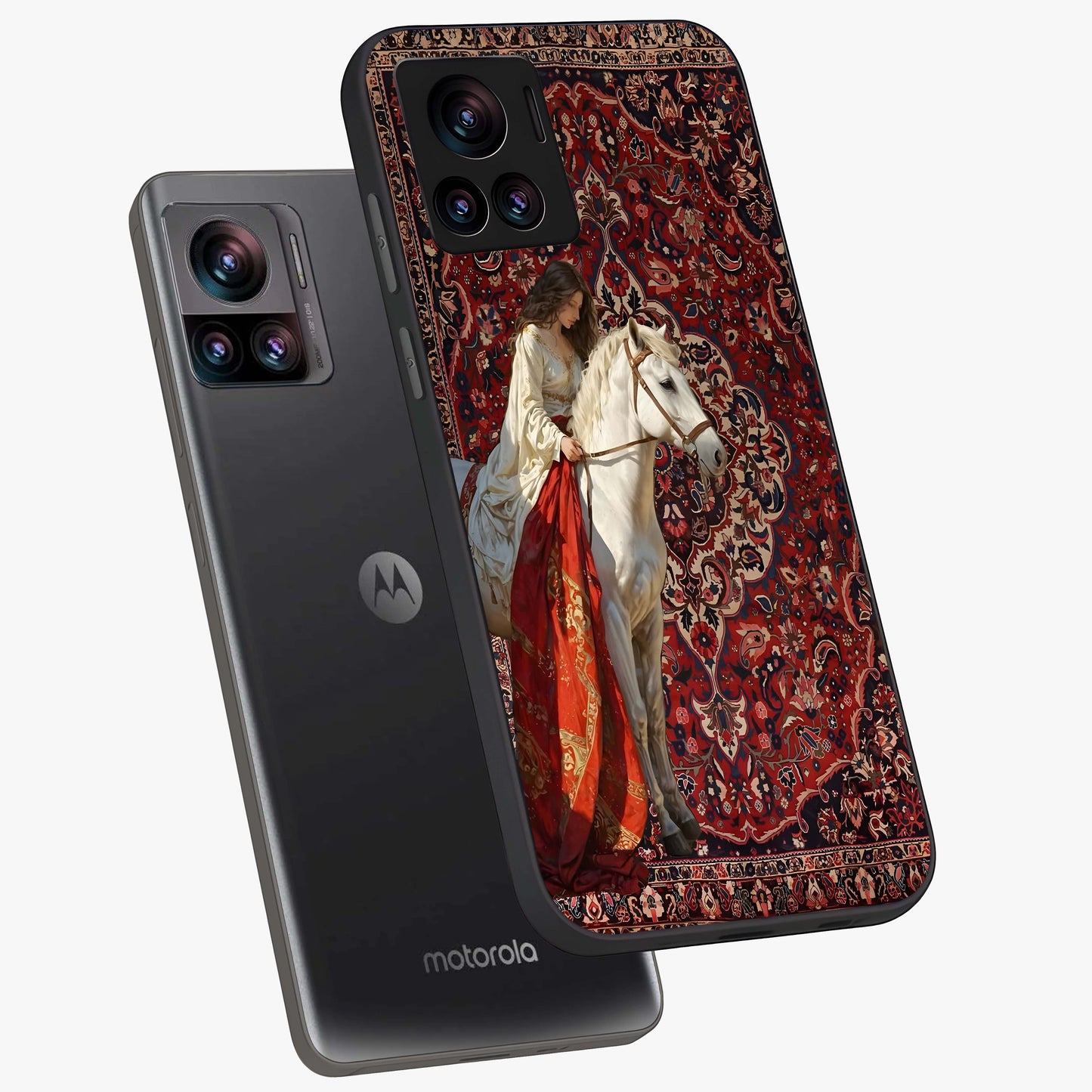 Royal Rider Tapestry Glass Case displayed in angled mockup highlighting traditional tapestry design with royal heritage aesthetic.