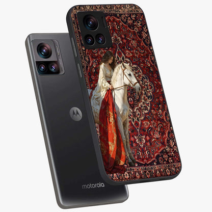 Royal Rider Tapestry Glass Case displayed in angled mockup highlighting traditional tapestry design with royal heritage aesthetic.