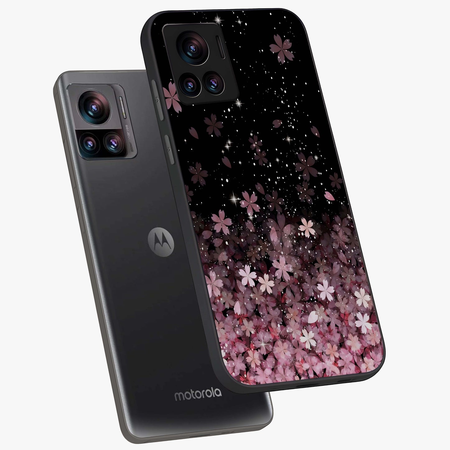 Small Starry Flowers Glass Case displayed in angled mockup highlighting tiny flower pattern with celestial aesthetic style.