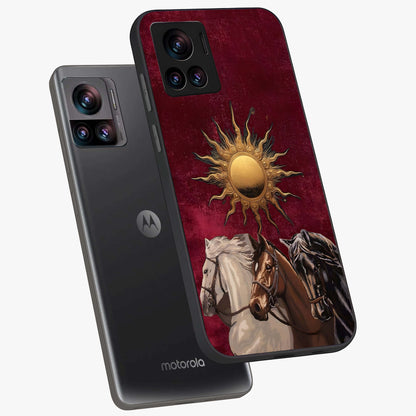 Solar Riders Glass Case displayed in angled mockup highlighting powerful rider illustration with radiant solar aesthetic.