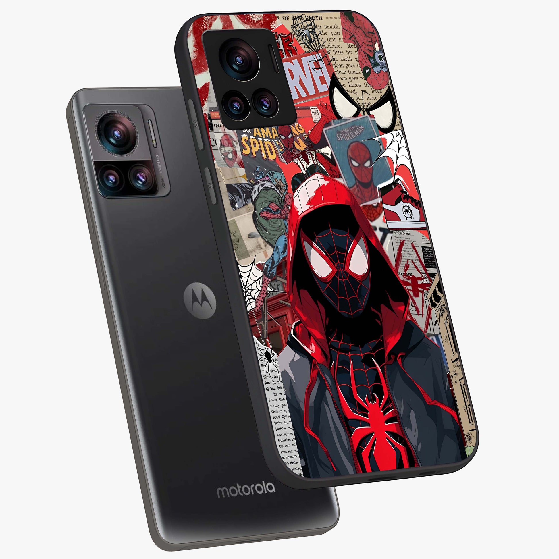 Spider Collage Street Glass Case displayed in angled mockup highlighting dynamic street style collage design with comic aesthetic.