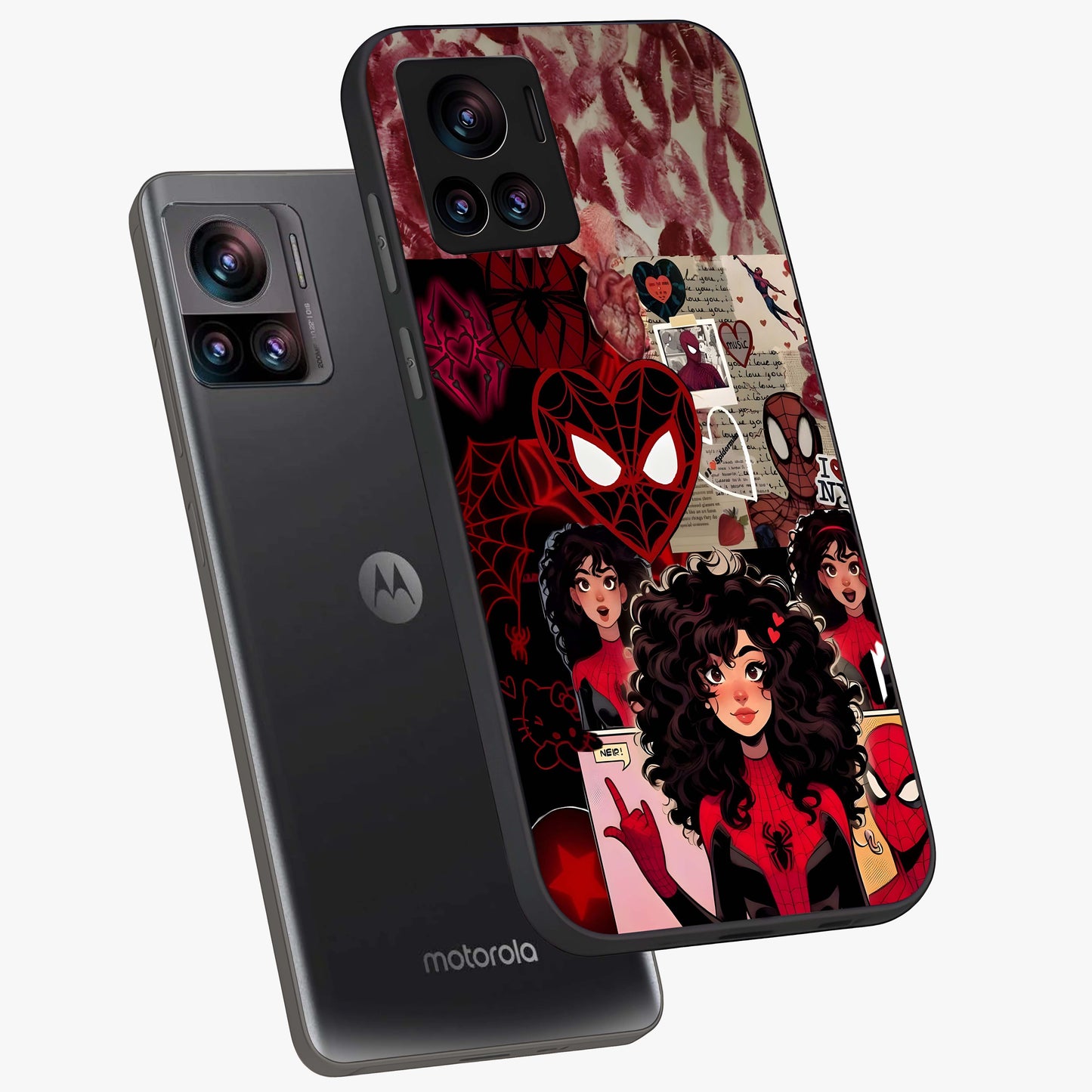 Spider Love Story Glass Case displayed in angled mockup highlighting expressive comic inspired design with playful aesthetic.