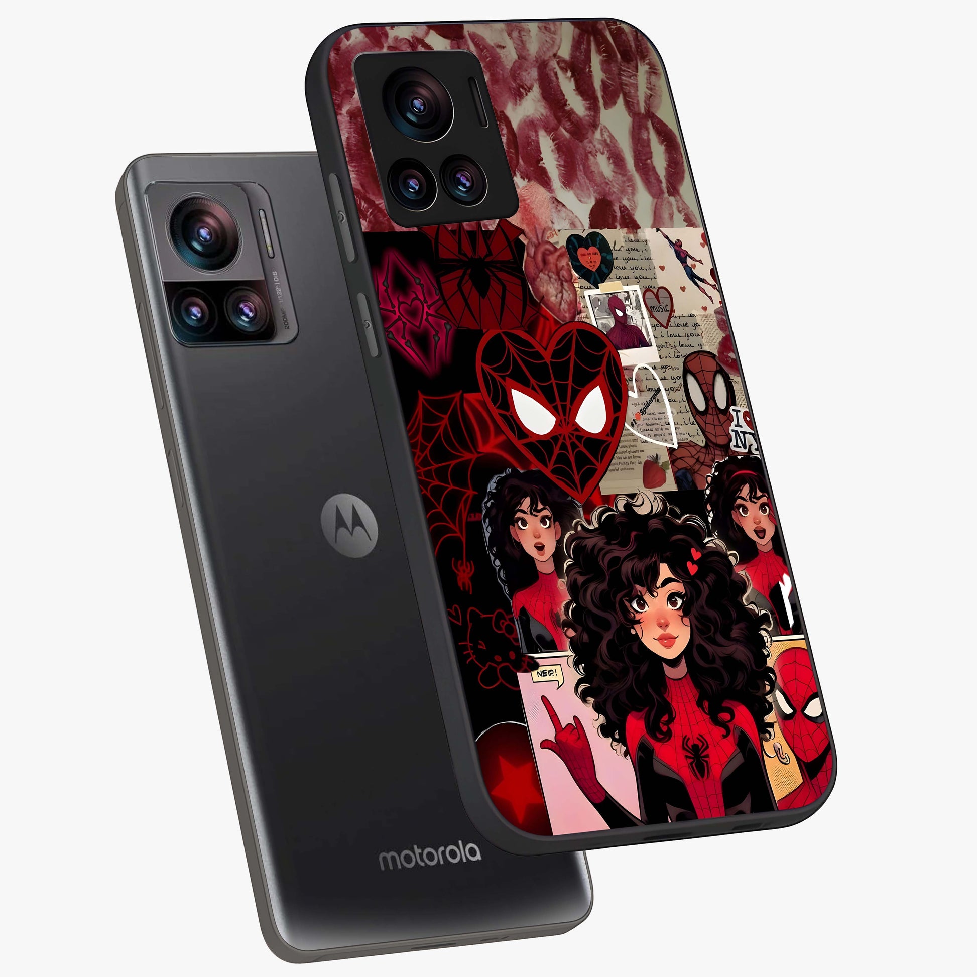 Spider Love Story Glass Case displayed in angled mockup highlighting expressive comic inspired design with playful aesthetic.