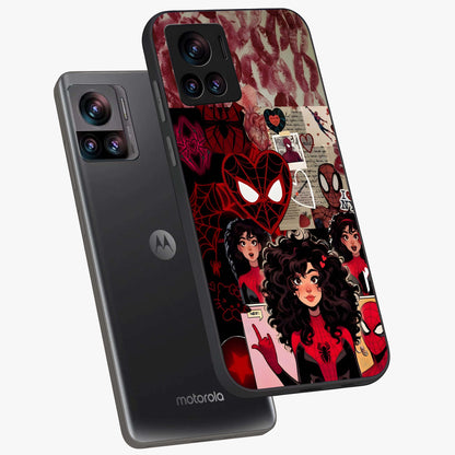 Spider Love Story Glass Case displayed in angled mockup highlighting expressive comic inspired design with playful aesthetic.