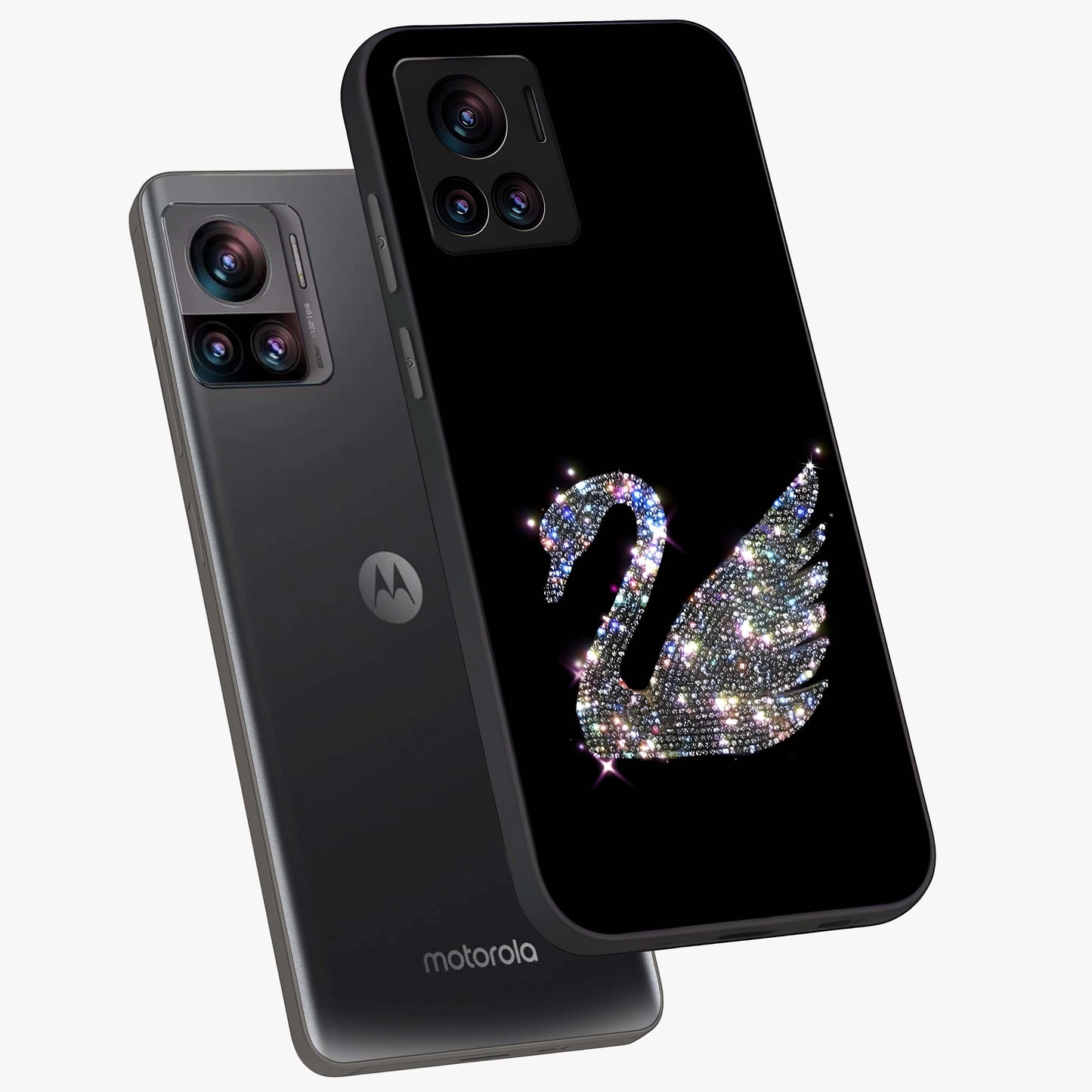 Starlit Swan Grace Glass Case displayed in angled mockup highlighting elegant swan illustration with dreamy celestial aesthetic.