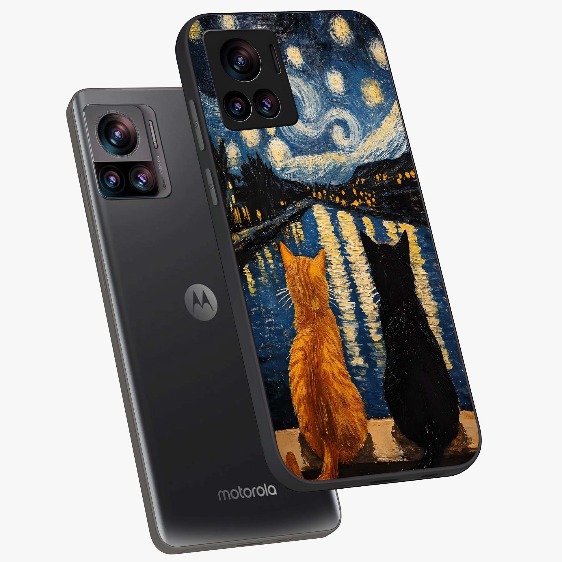 Starry River Cats Glass Case displayed in angled mockup highlighting charming feline illustration with dreamy night aesthetic.