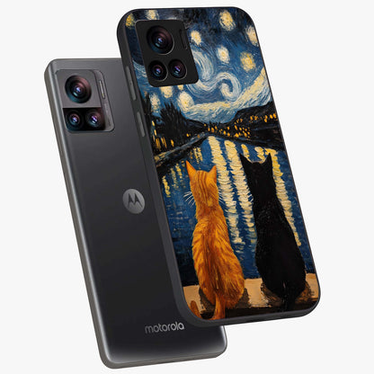 Starry River Cats Glass Case displayed in angled mockup highlighting charming feline illustration with dreamy night aesthetic.
