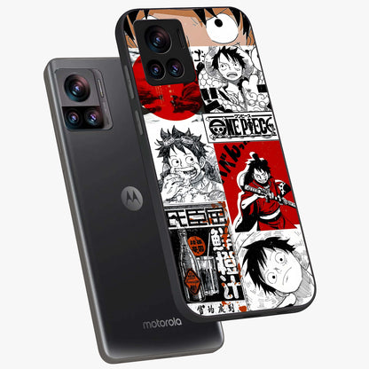 Strawhat Chaos Panels Glass Case displayed in angled mockup highlighting vibrant anime collage design with action aesthetic.