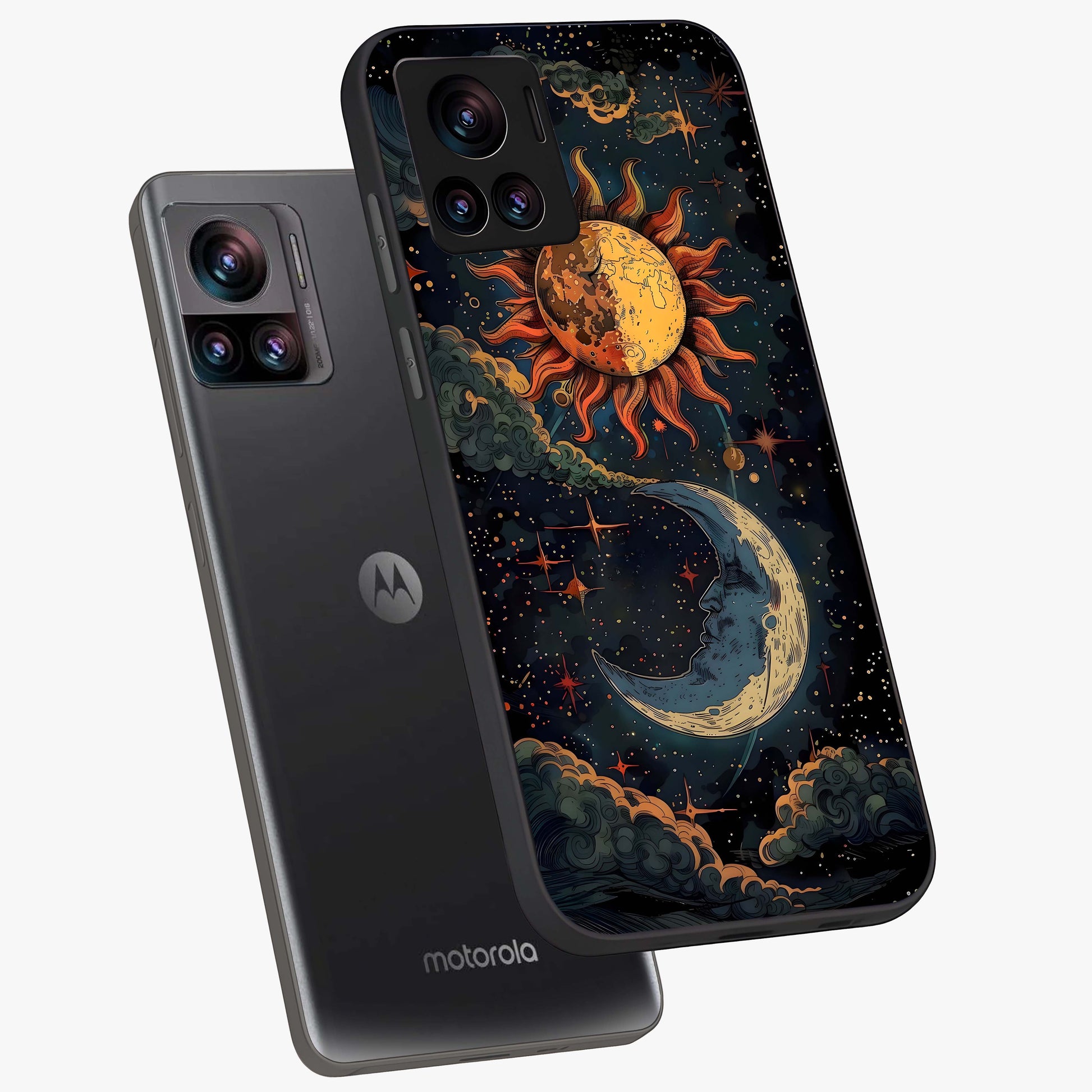 Sun And Moon Magic Design Glass Case displayed in angled mockup highlighting celestial design with magical cosmic aesthetic.