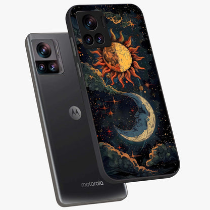 Sun And Moon Magic Design Glass Case displayed in angled mockup highlighting celestial design with magical cosmic aesthetic.