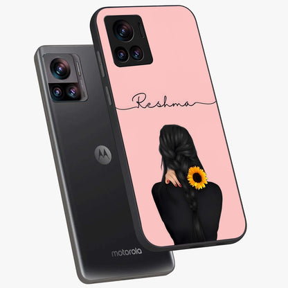 Sunflower Braid Beauty With Custom Name Glass Case displayed in angled mockup highlighting elegant sunflower design with custom name feature.