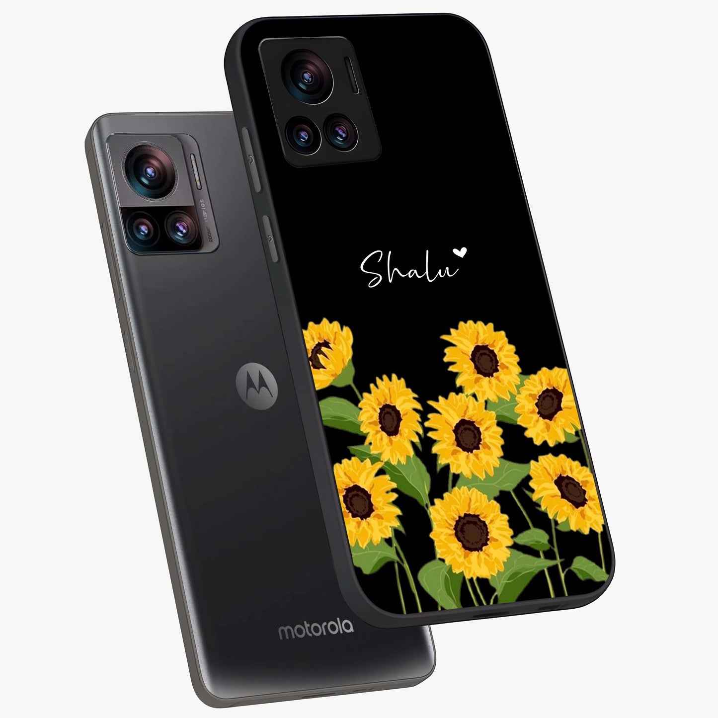 Sunflower Chic Mood Custom Name Glass Case displayed in angled mockup highlighting vibrant sunflower design with custom name feature.