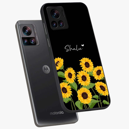 Sunflower Chic Mood Custom Name Glass Case displayed in angled mockup highlighting vibrant sunflower design with custom name feature.