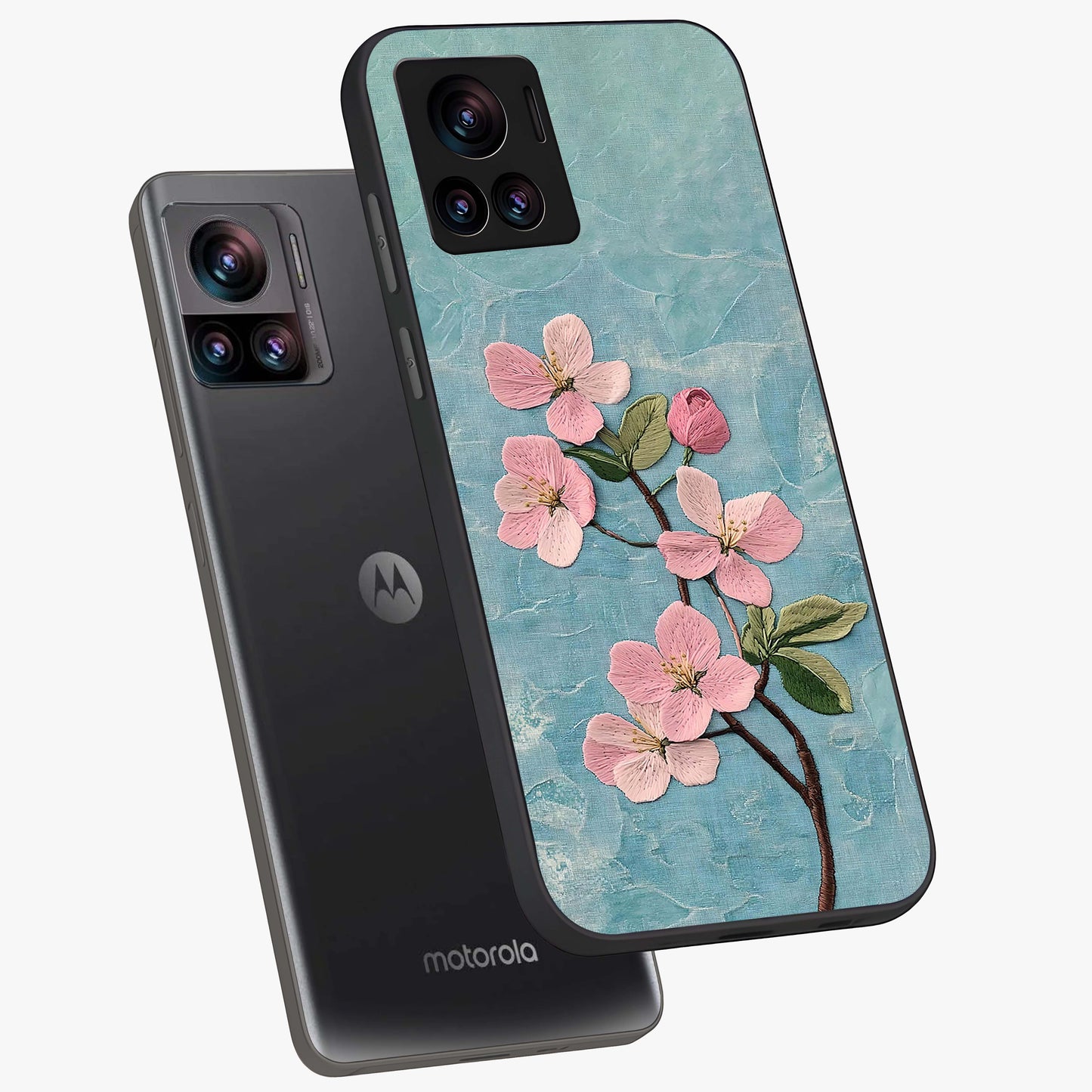 Threaded Blossom Breeze Glass Case displayed in angled mockup highlighting elegant floral design with soft aesthetic style.