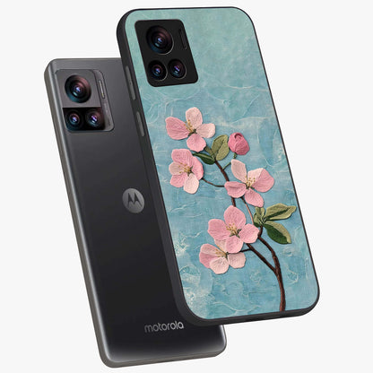Threaded Blossom Breeze Glass Case displayed in angled mockup highlighting elegant floral design with soft aesthetic style.