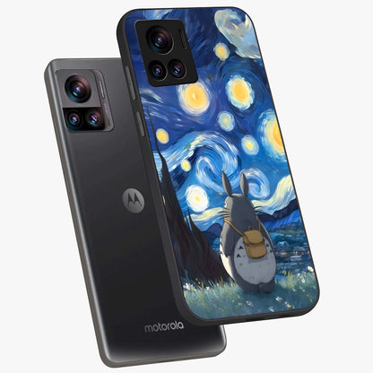 Totoro In Van Gogh Art Glass Case displayed in angled mockup highlighting artistic swirling sky design with playful animation aesthetic.