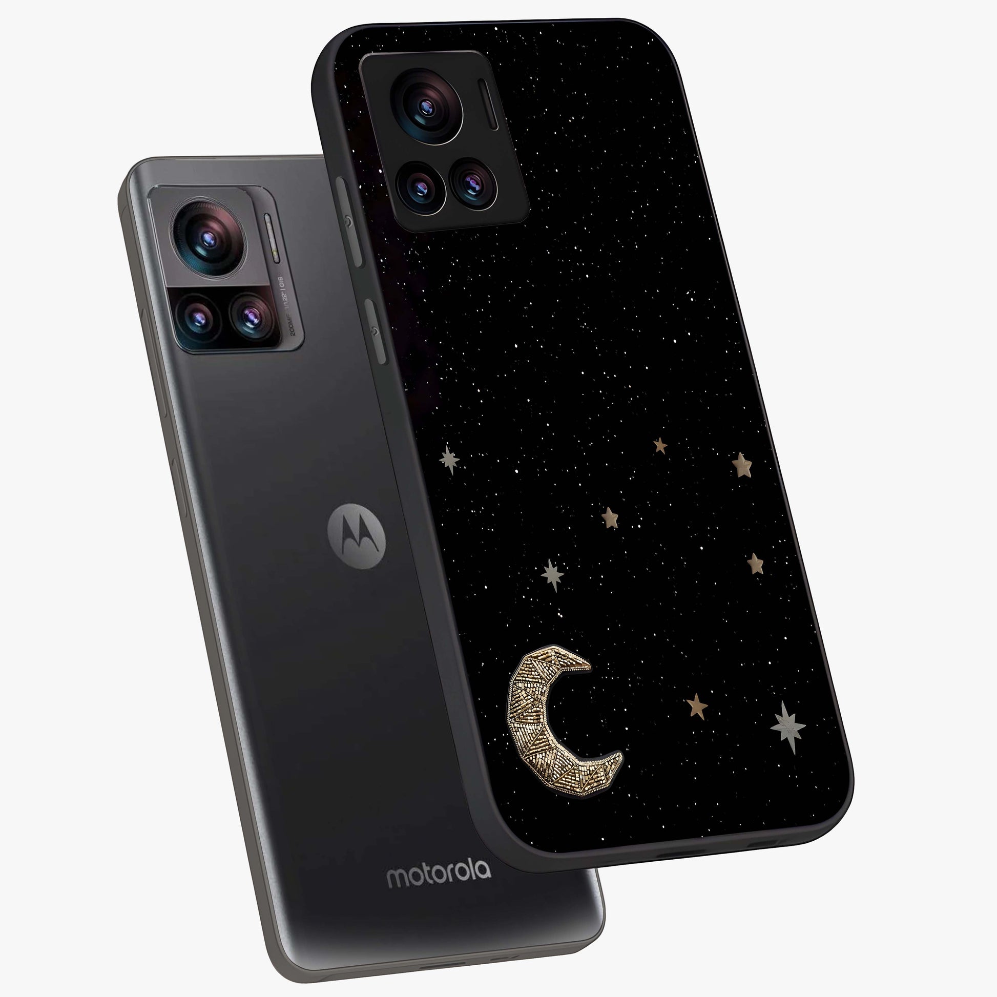 Twinkle Star With Half Moon Glass Case displayed in angled mockup highlighting celestial moon and star design with magical aesthetic.