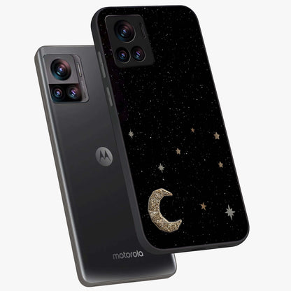 Twinkle Star With Half Moon Glass Case displayed in angled mockup highlighting celestial moon and star design with magical aesthetic.