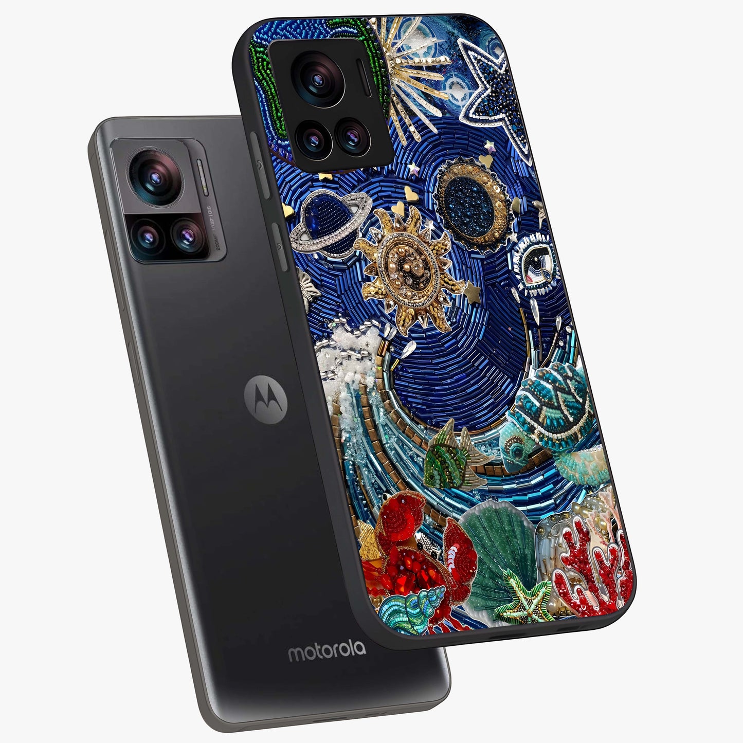 Universe Underwater Spark Glass Case displayed in angled mockup highlighting glowing aquatic design with celestial aesthetic.