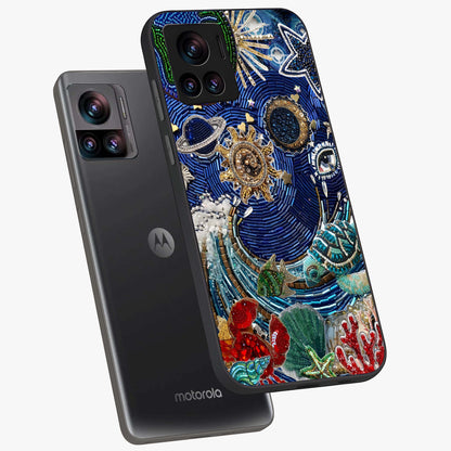 Universe Underwater Spark Glass Case displayed in angled mockup highlighting glowing aquatic design with celestial aesthetic.