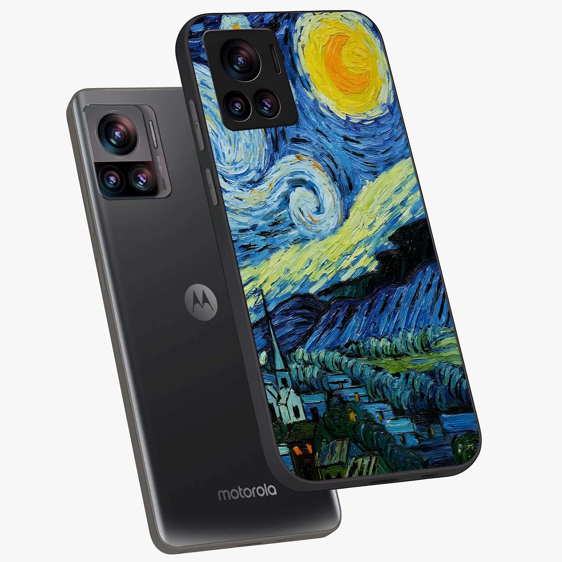 Van Gogh Art Glass Case displayed in angled mockup highlighting swirling brushstroke design with artistic aesthetic.