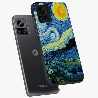 Van Gogh Art Glass Case displayed in angled mockup highlighting swirling brushstroke design with artistic aesthetic.