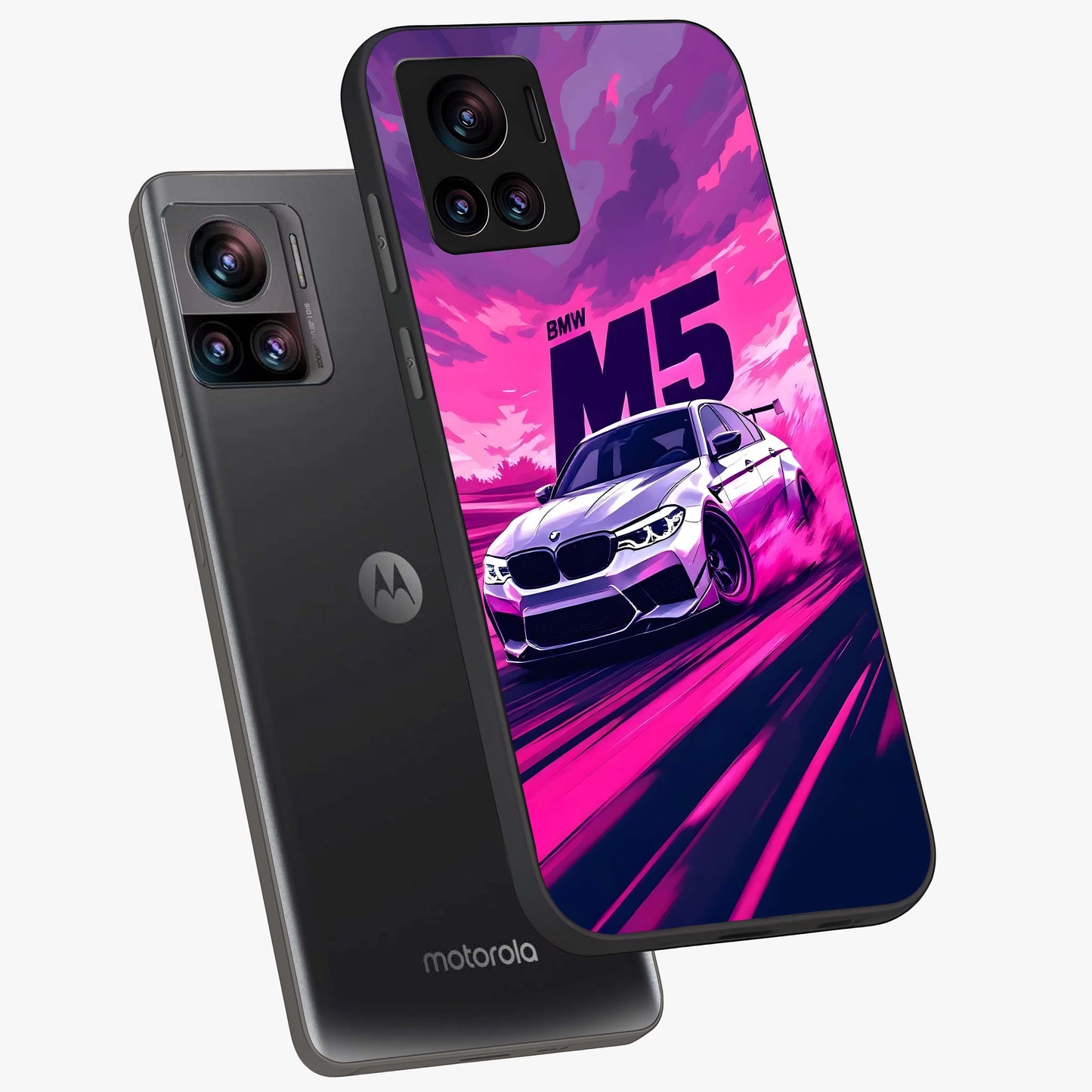 Velocity Drift Pulse Glass Case displayed in angled mockup highlighting dynamic drift design with sporty automotive aesthetic.