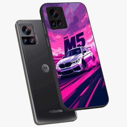 Velocity Drift Pulse Glass Case displayed in angled mockup highlighting dynamic drift design with sporty automotive aesthetic.