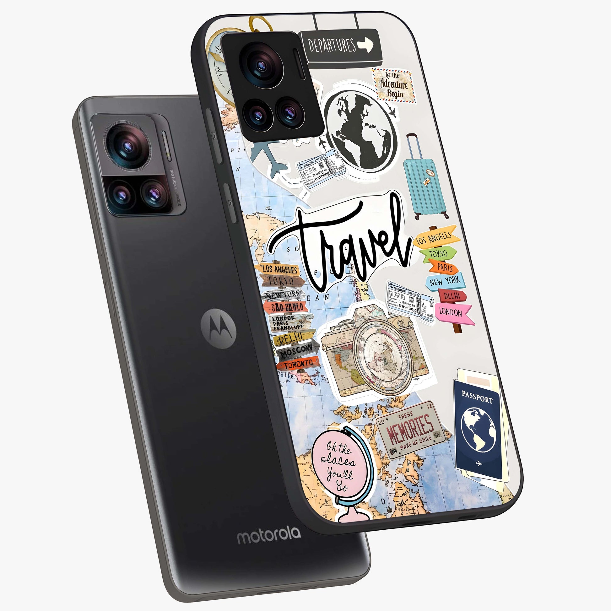 Wanderlust Journal Glass Case displayed in angled mockup highlighting adventure themed design with aesthetic travel vibe.