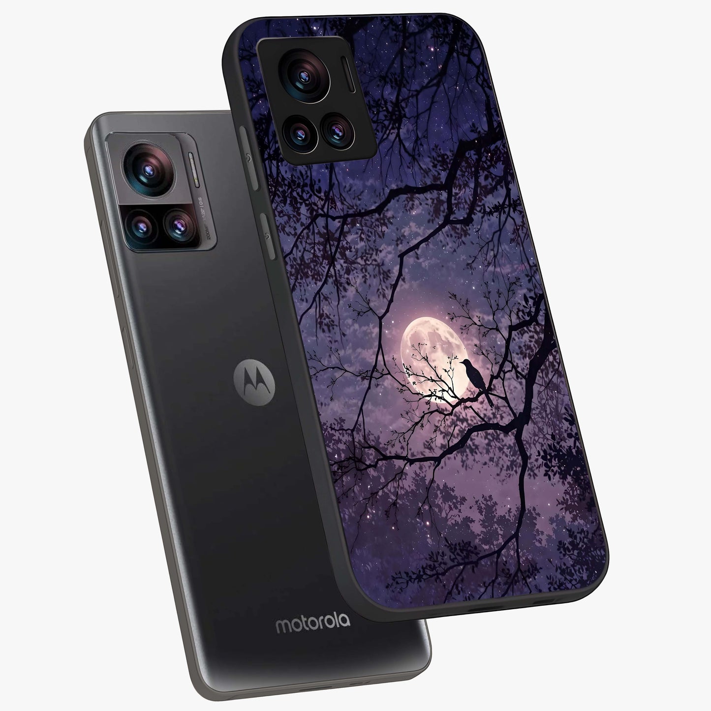 Whispering Moon Silence Glass Case displayed in angled mockup highlighting calm lunar design with dreamy night aesthetic.