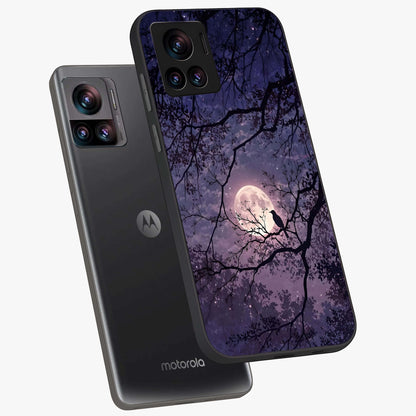 Whispering Moon Silence Glass Case displayed in angled mockup highlighting calm lunar design with dreamy night aesthetic.