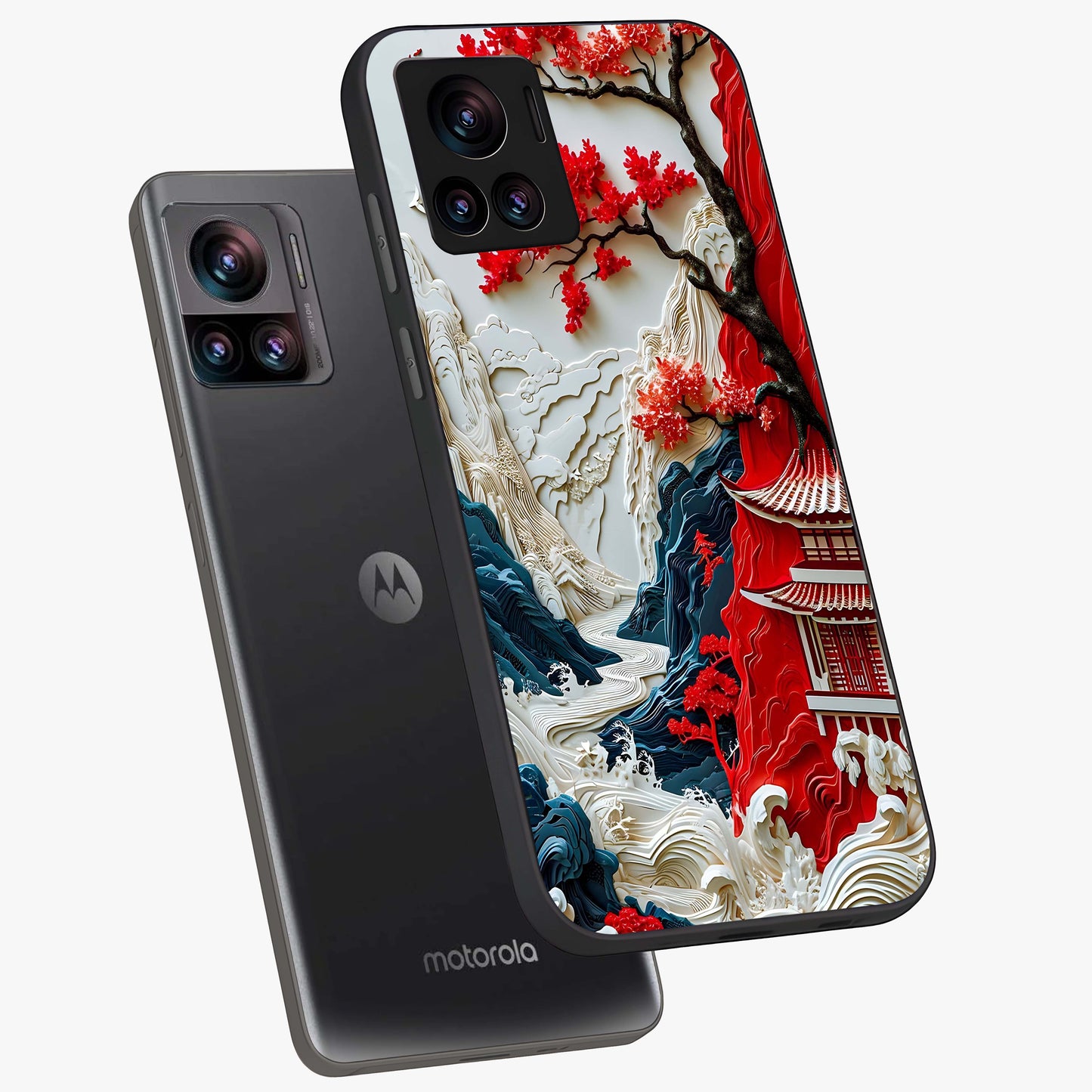 Whispers Of Sakura Waves Glass Case displayed in angled mockup highlighting flowing sakura design with soft floral aesthetic.