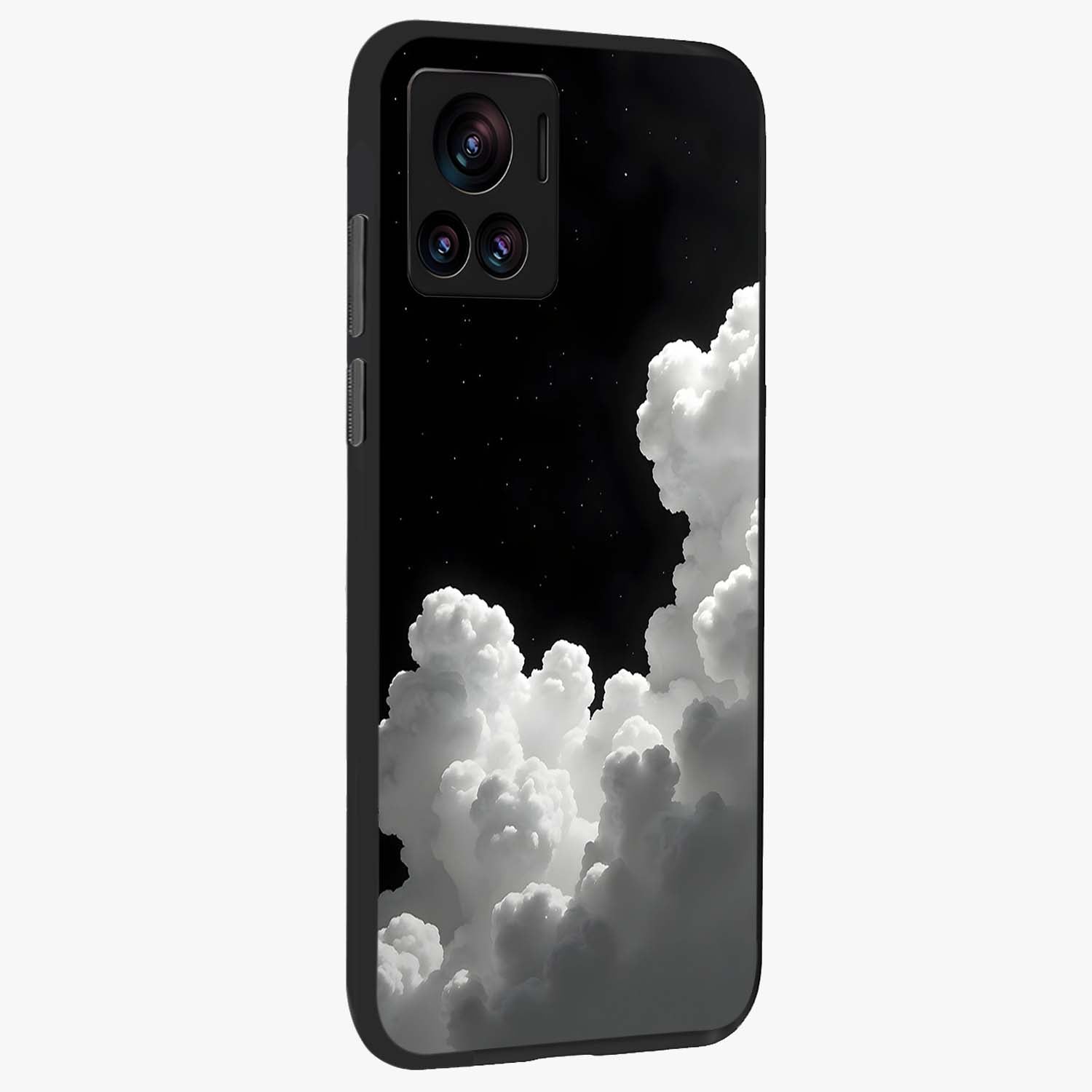 Black Background With White Cloud Glass Case upright view showcasing calm cloud aesthetic with modern minimal style.