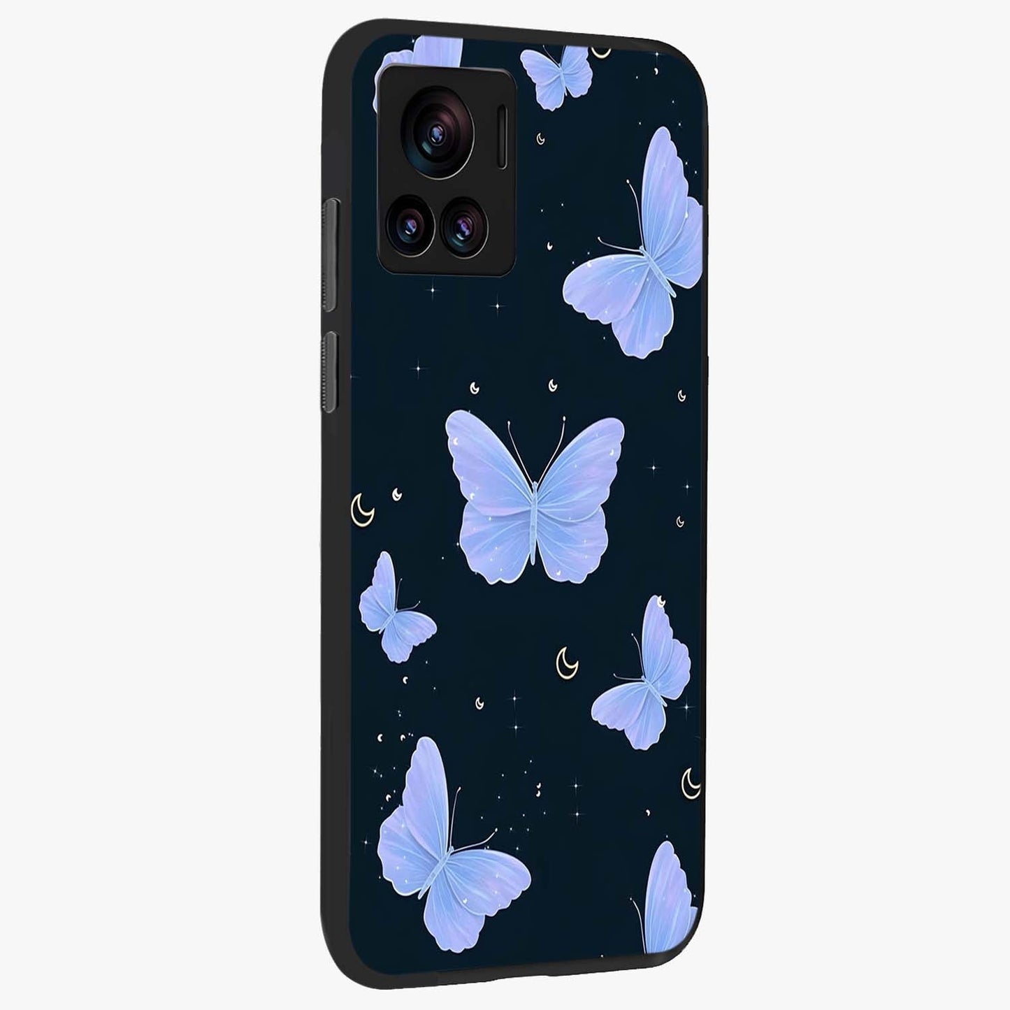 Butterfly With Stars Pattern Glass Case upright view showcasing celestial butterfly artwork with sparkling star elements.