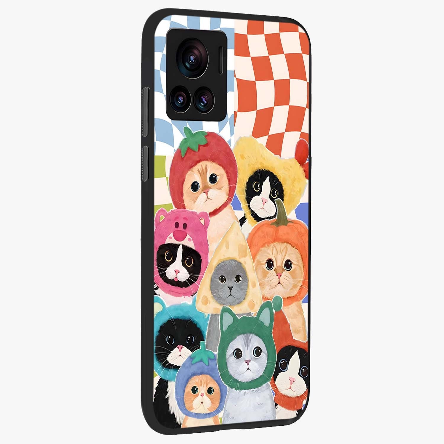Cats in Fruits Glass Case upright view showcasing charming cat artwork with fun fruity theme.