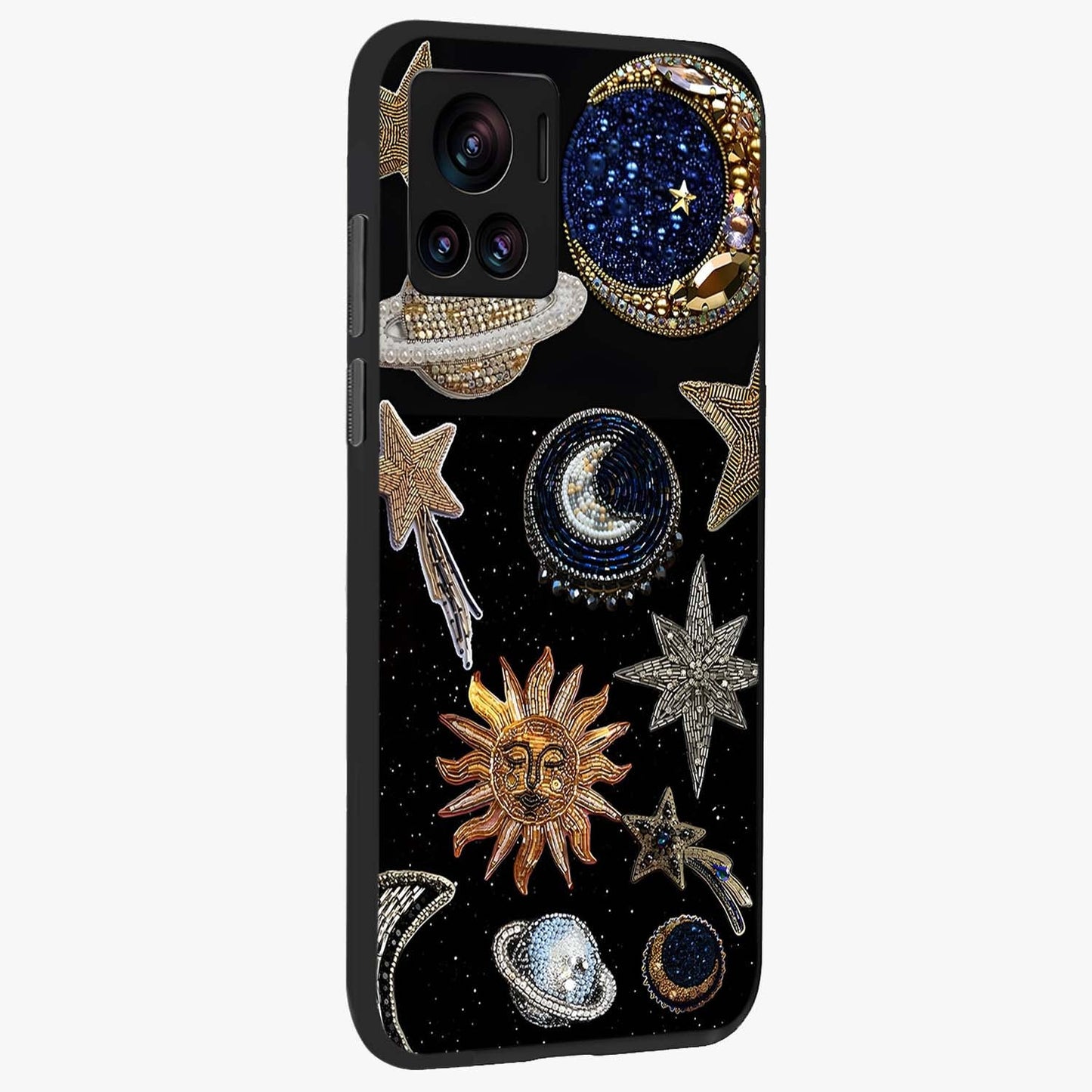 Celestial Gem Constellations Glass Case upright view showcasing cosmic constellation artwork with celestial aesthetic style.